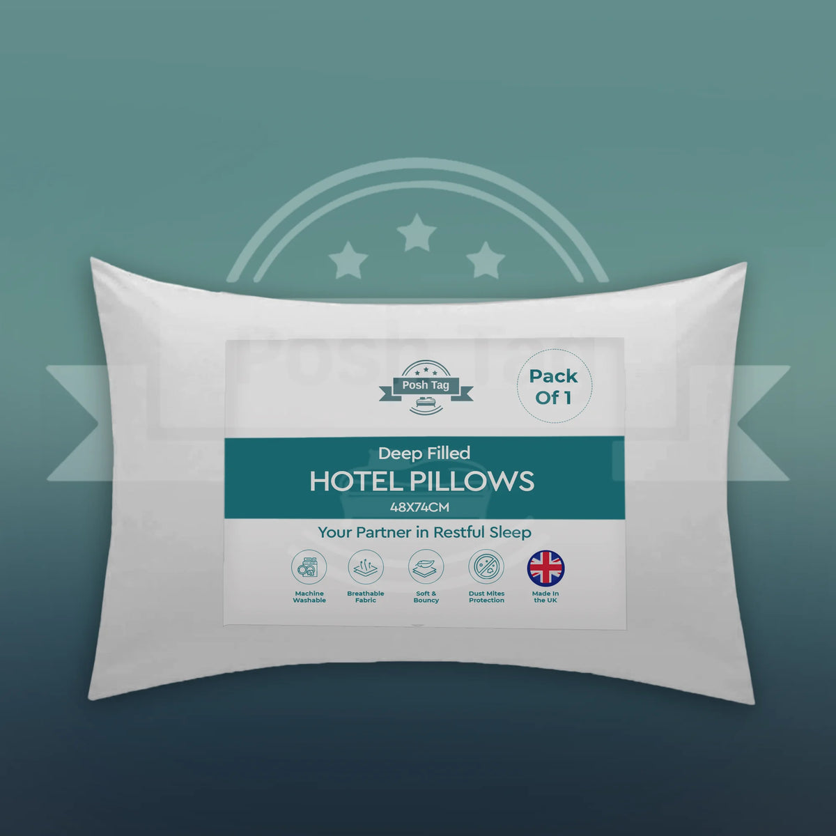 Posh Tag deep filled hotel pillow pack of 1, 74 x 48cm, made in the UK