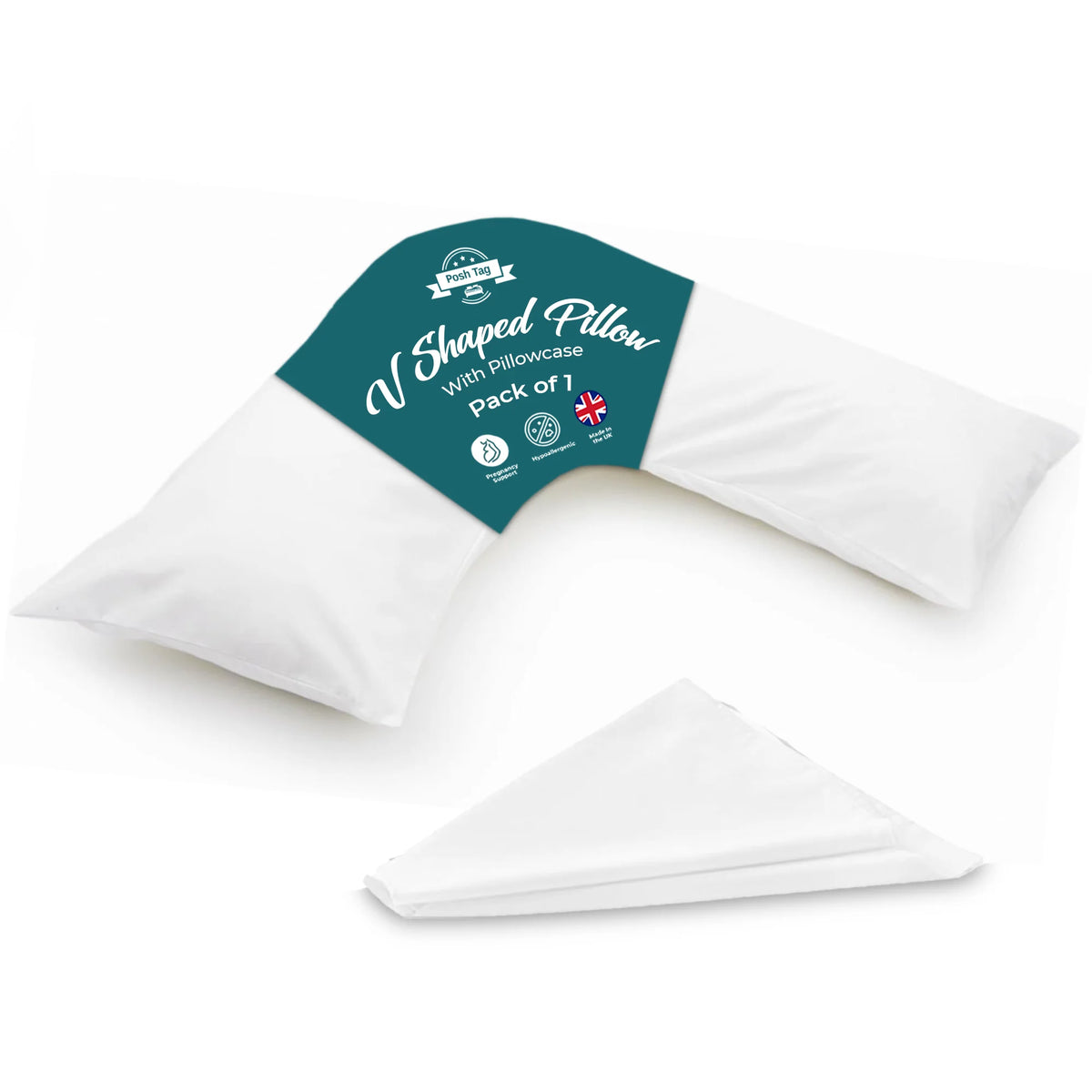 Posh Tag V shaped pillow with pillowcase, pack of 1, made in the UK