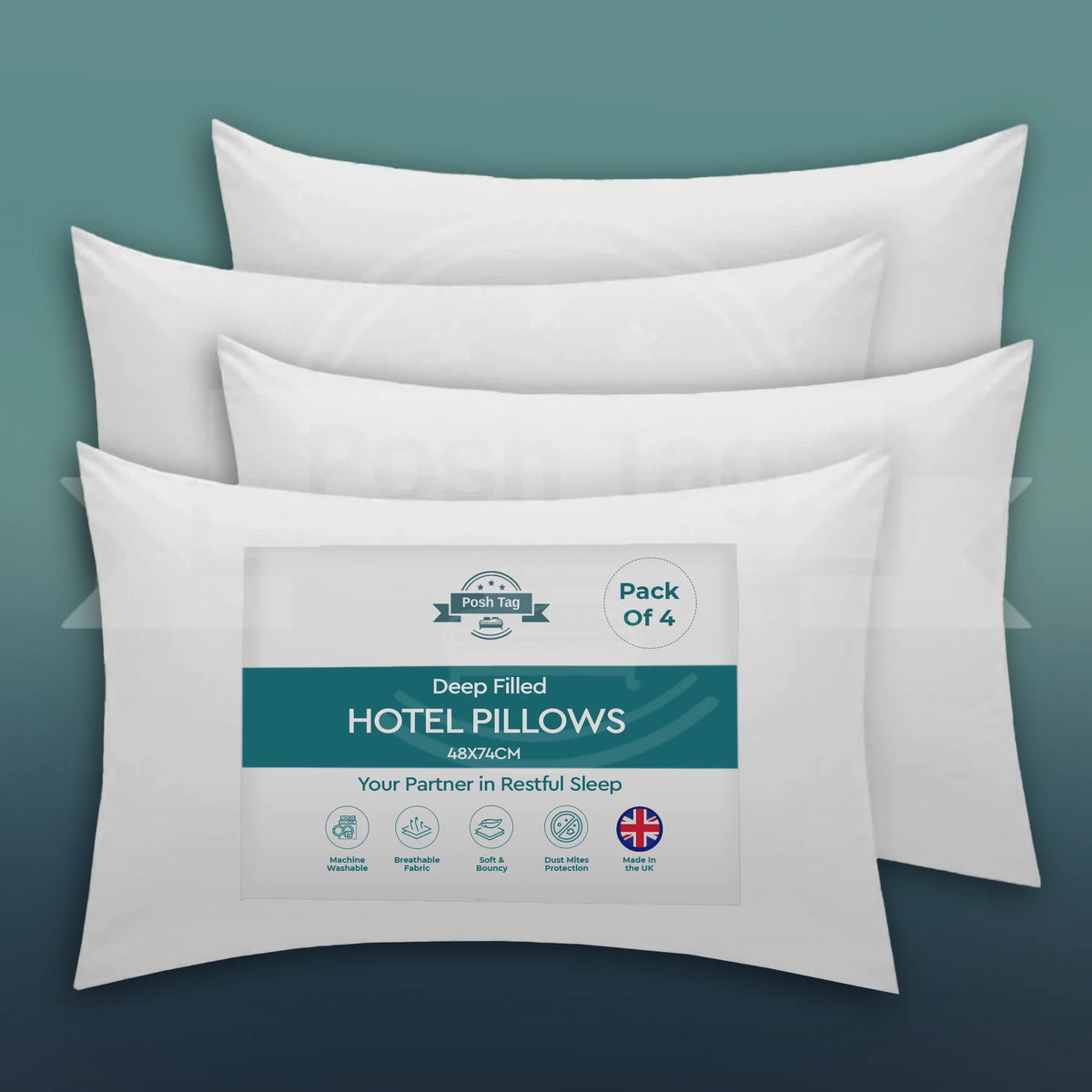 Posh Tag deep filled hotel pillows pack of 4, 74 x 48cm
