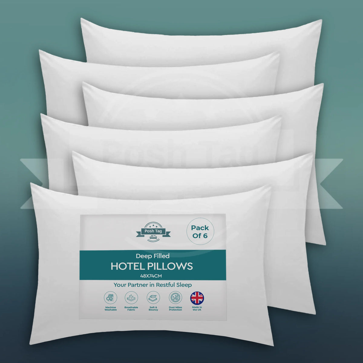 Posh Tag deep filled hotel pillows pack of 6, 74 x 48cm