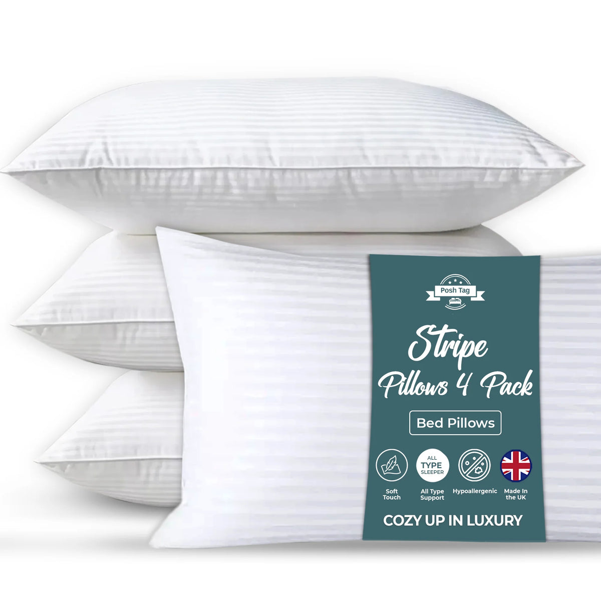 Posh Tag stripe bed pillows 4 pack stacked in branded packaging