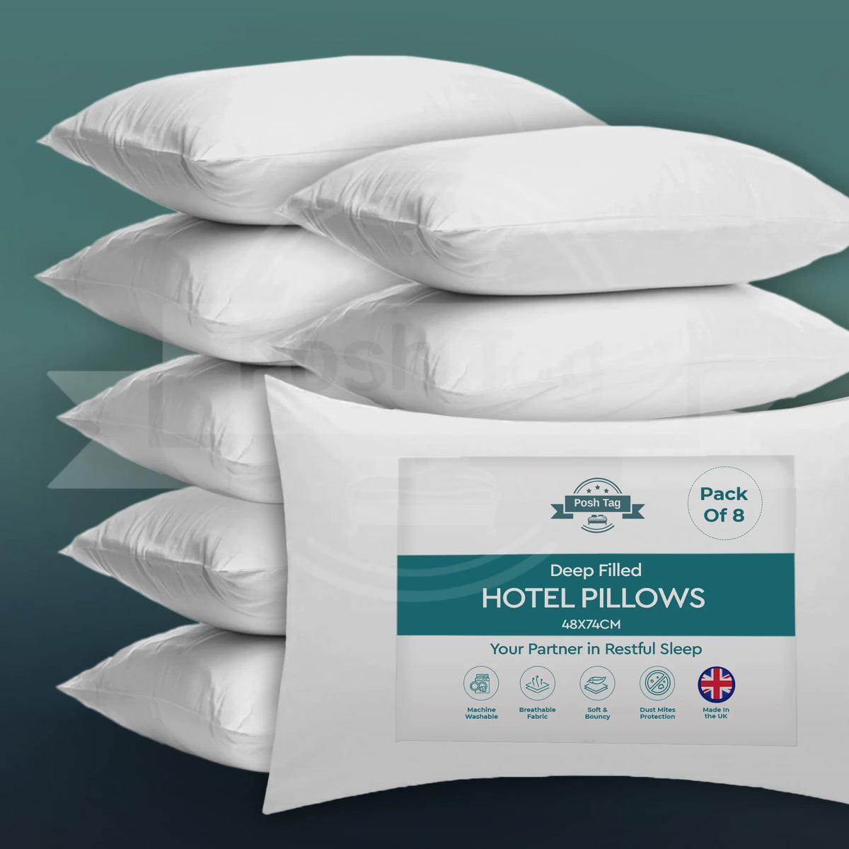 Posh Tag deep filled hotel pillows pack of 8 stacked, 74 x 48cm