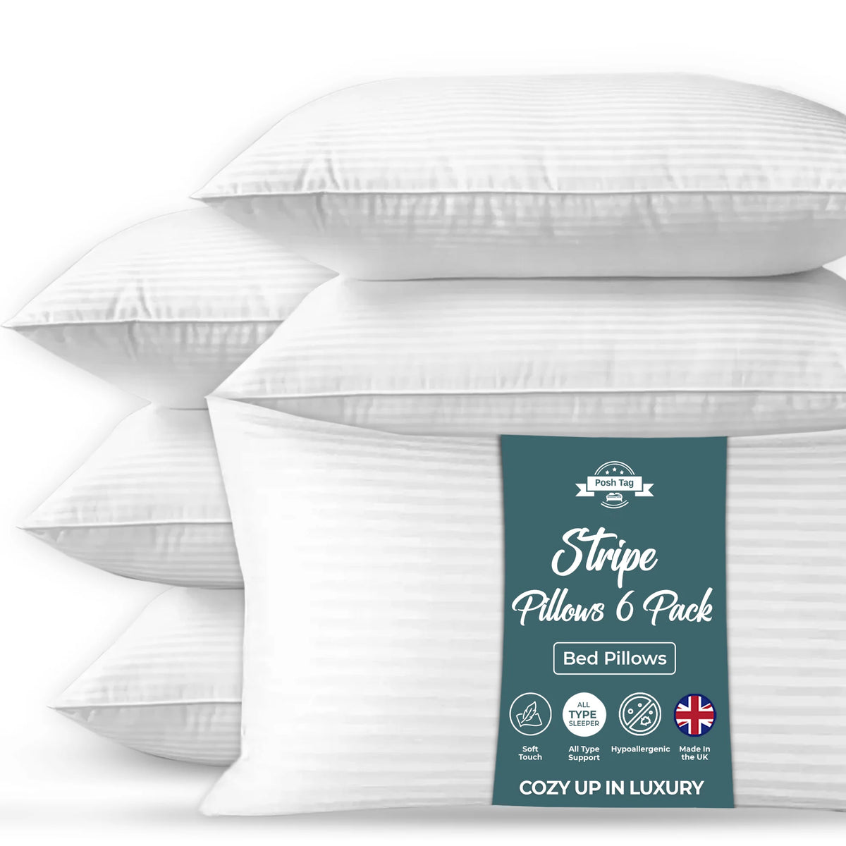 Posh Tag stripe bed pillows 6 pack stacked in branded packaging