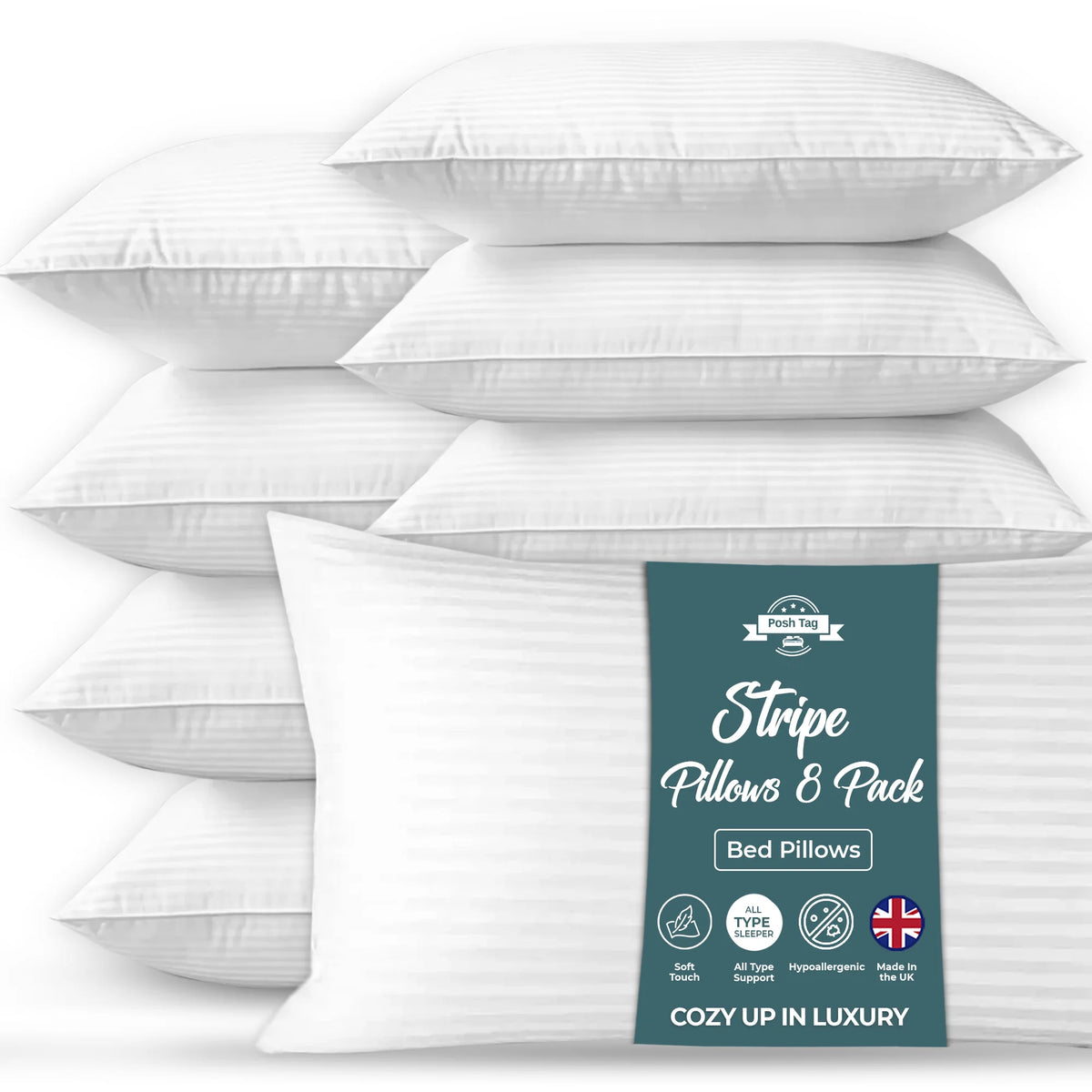 Posh Tag stripe bed pillows 8 pack stacked in branded packaging