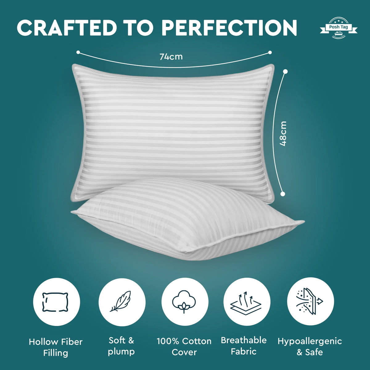 Stripe pillow features - hollow fibre filling, soft and plump, breathable, hypoallergenic, 74cm x 48cm