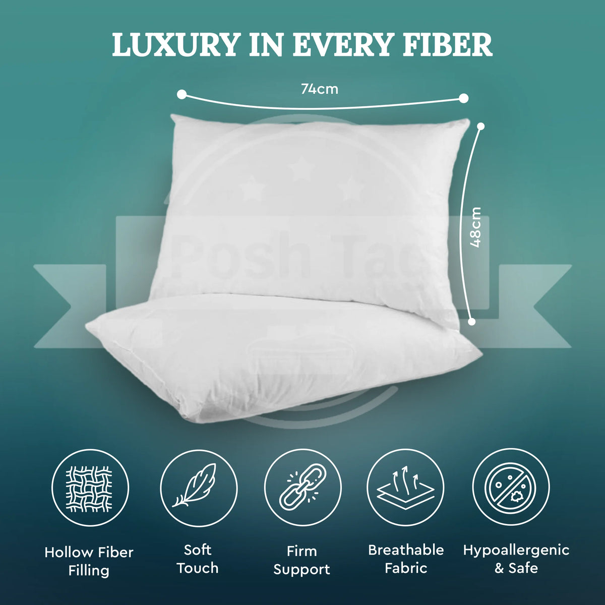 Hotel pillow size 74cm x 48cm with hollow fibre filling, soft touch and firm support