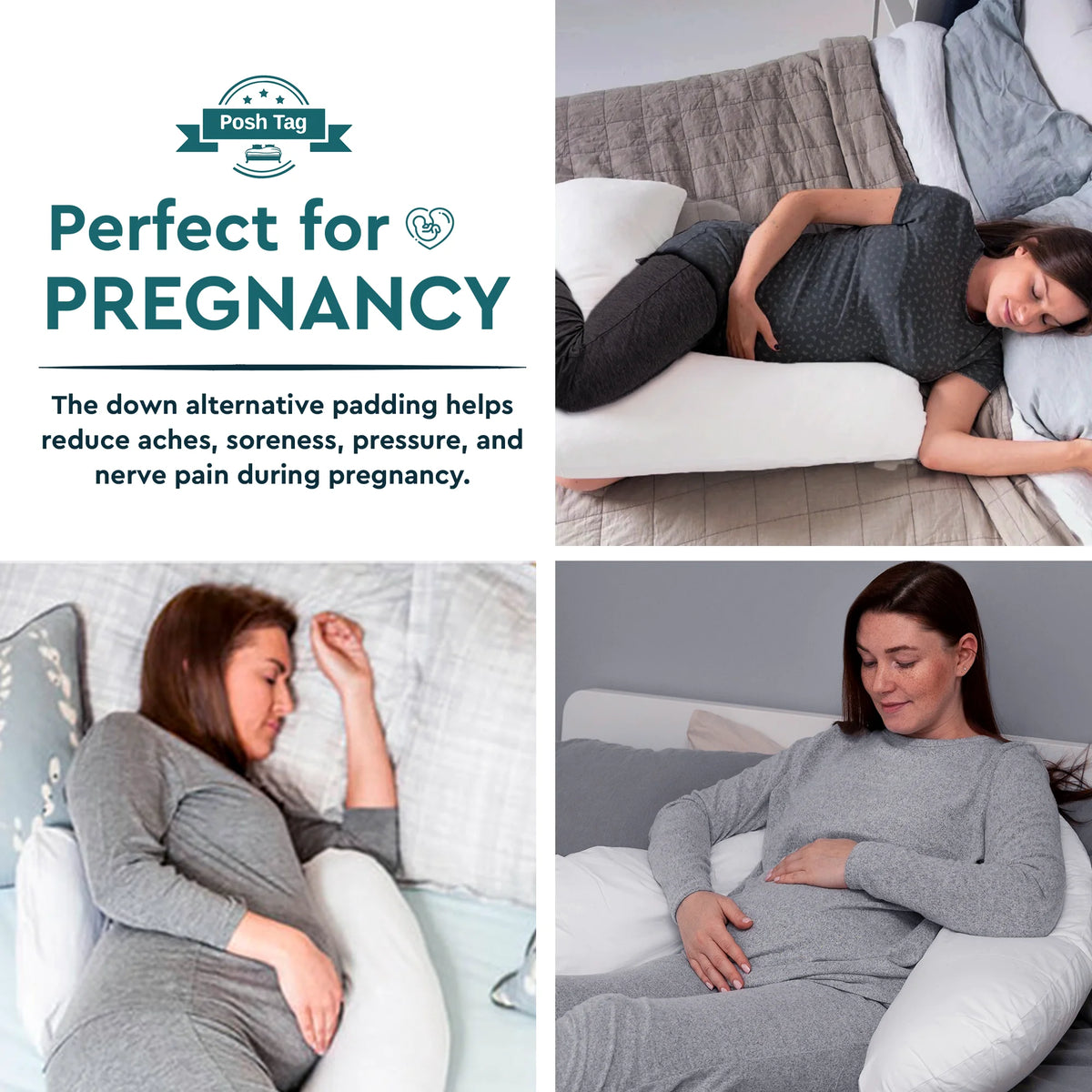 V shaped pregnancy pillow supporting bump and back during maternity