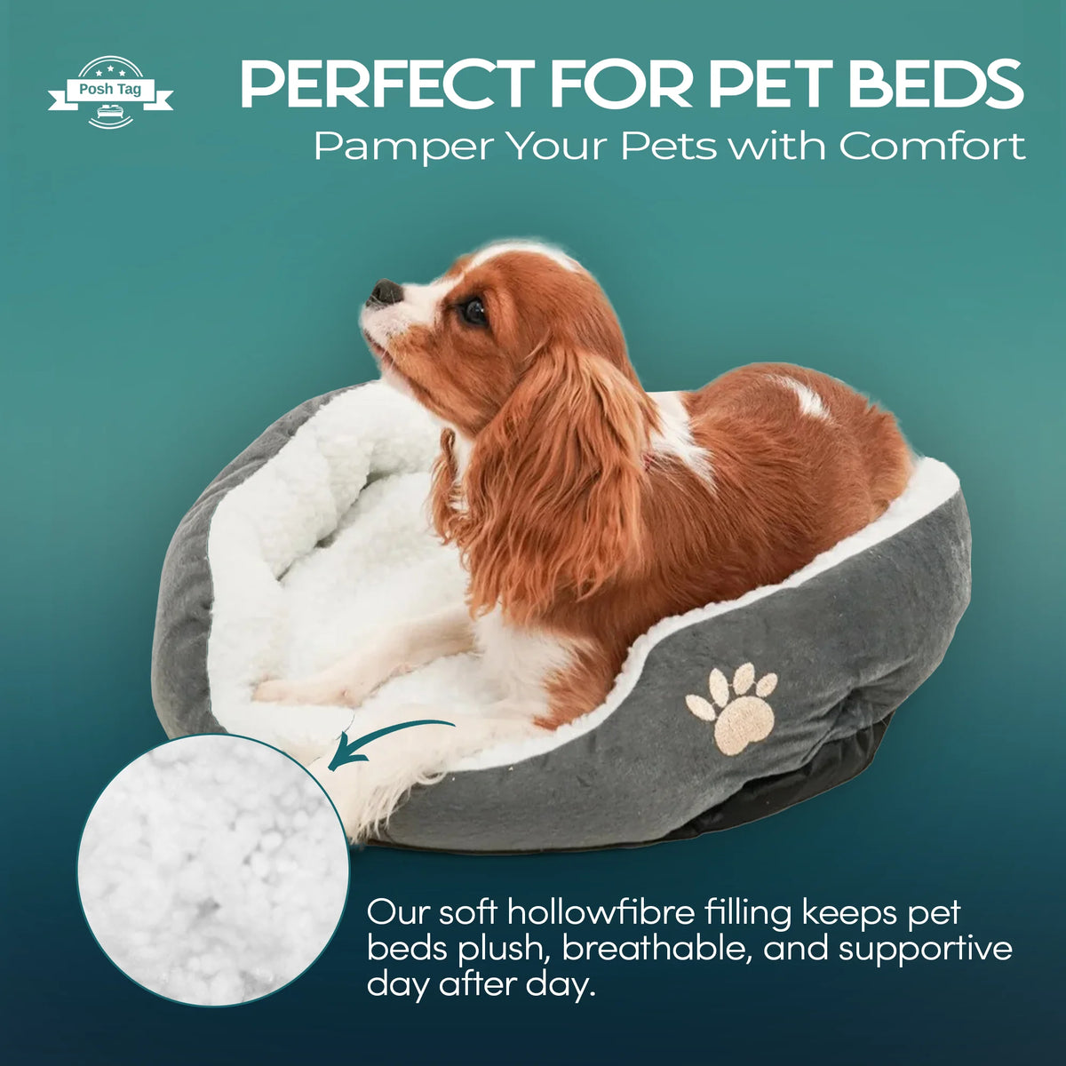 Dog resting in a pet bed filled with soft hollowfibre filling