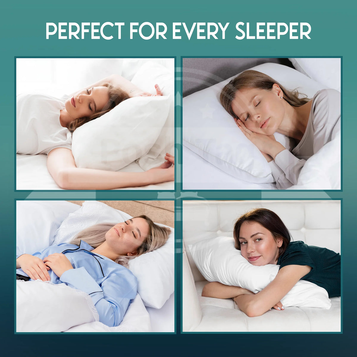 Hotel pillows supporting back, side and front sleeping positions