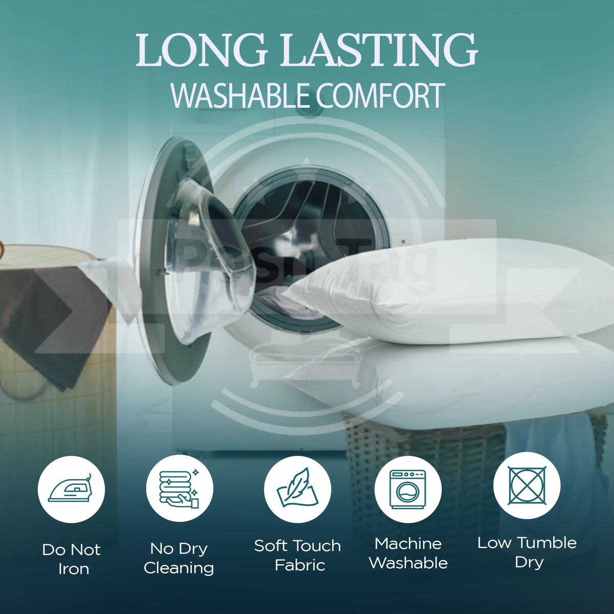 Hotel pillow care guide - machine washable, low tumble dry, do not iron, no dry cleaning