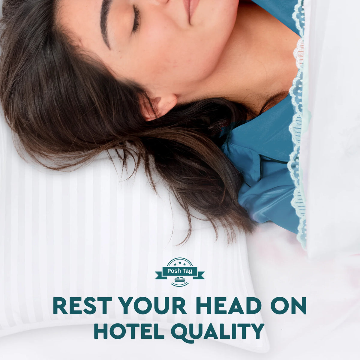 Woman resting head on hotel quality Posh Tag stripe pillow