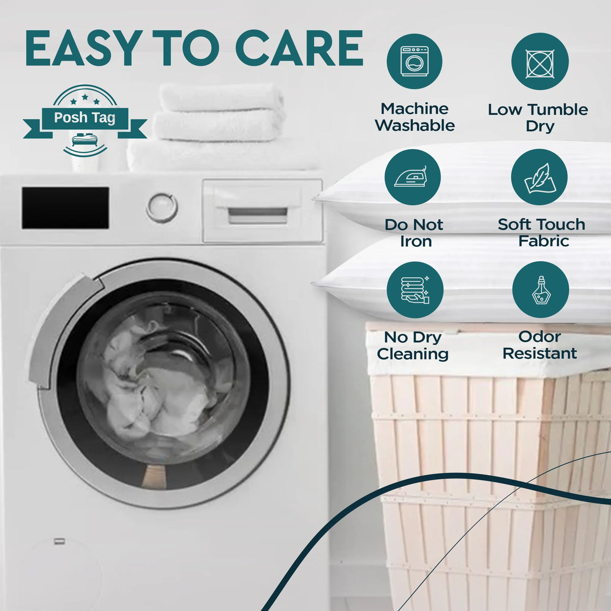 Stripe pillow care guide - machine washable, low tumble dry, do not iron, odour resistant
