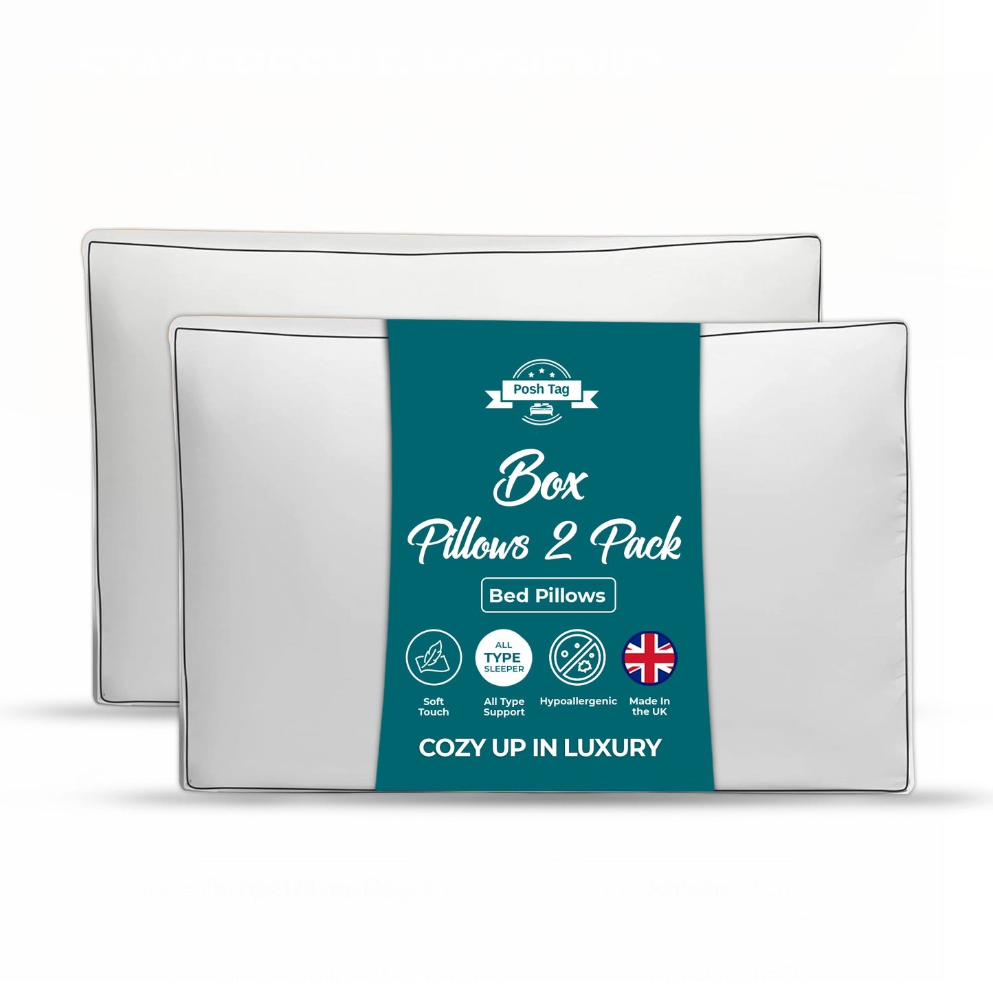 Posh Tag Box Pillows 74 x 48cm — 8cm Box Edge, Hotel Quality, Hypoallergenic Hollowfibre, Made in UK