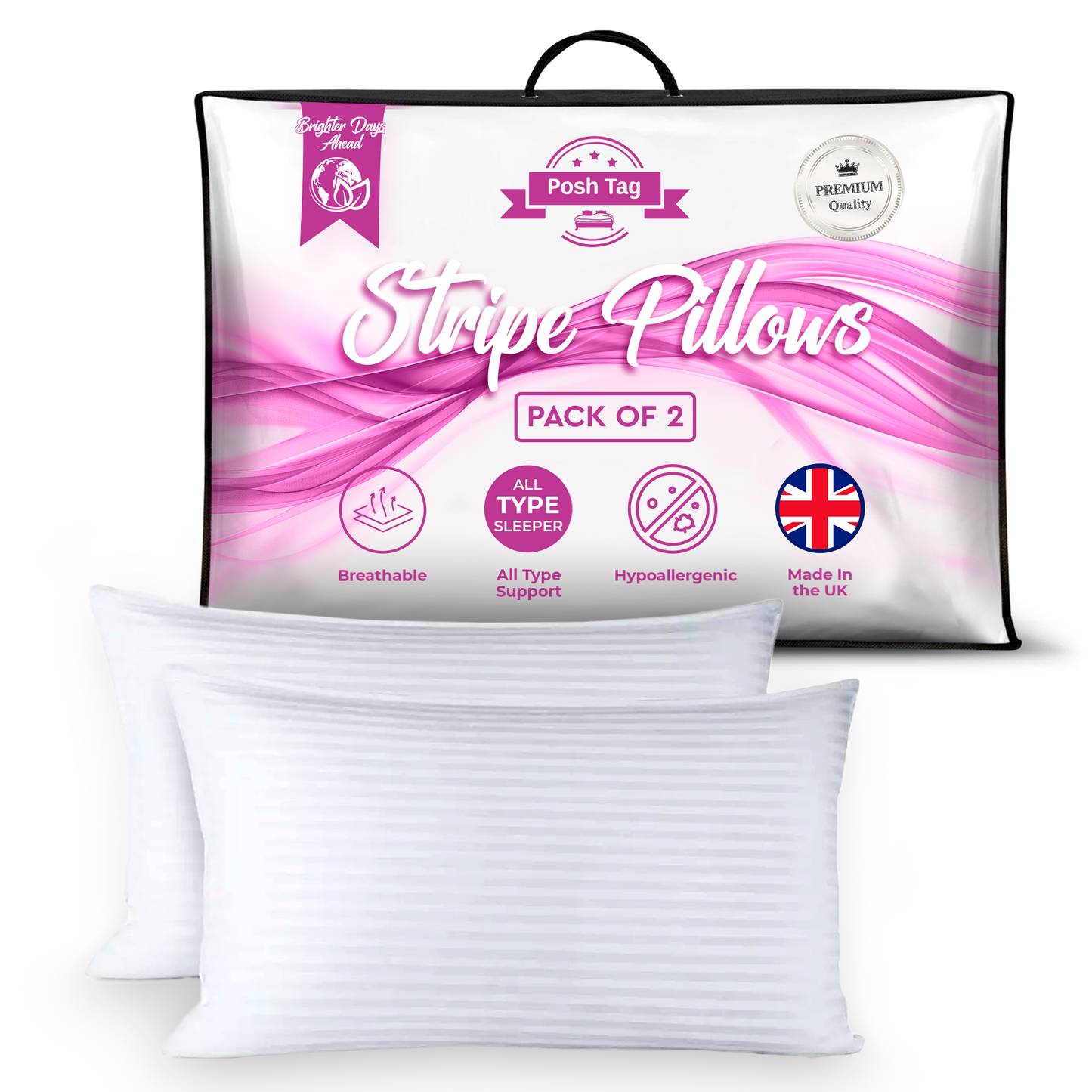 Posh Tag Stripe Pillows 74cm x 48cm, Hotel Quality, Comfortable & Breathable Bed Pillows, Hollow Fiber Filled Anti-Allergic Back Support Hypoallergenic Pillow