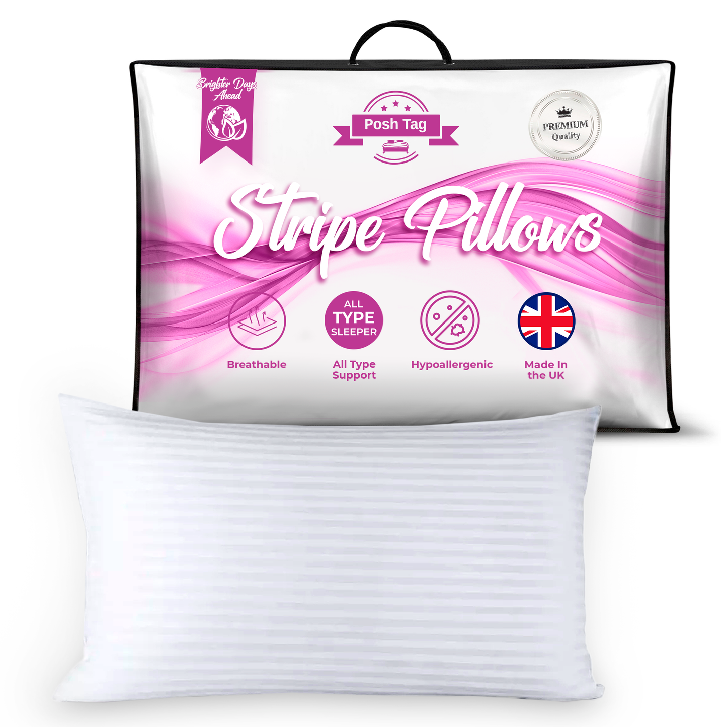 Posh Tag Stripe Pillows 74cm x 48cm, Hotel Quality, Comfortable & Breathable Bed Pillows, Hollow Fiber Filled Anti-Allergic Back Support Hypoallergenic Pillow