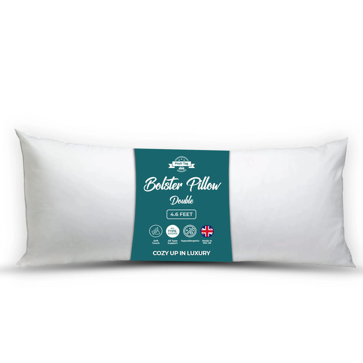 Posh Tag bolster pillow, double 4ft 6in, made in Rochdale