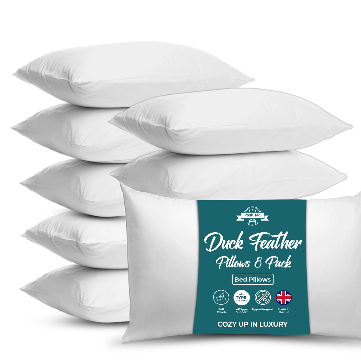 Pack of 8 duck feather pillows from Posh Tag, bulk bedding pack