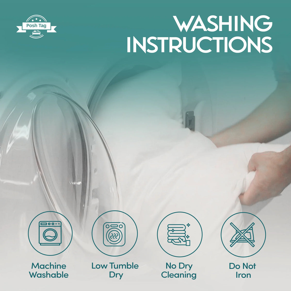 Care guide showing how to wash and dry duck feather pillows at home