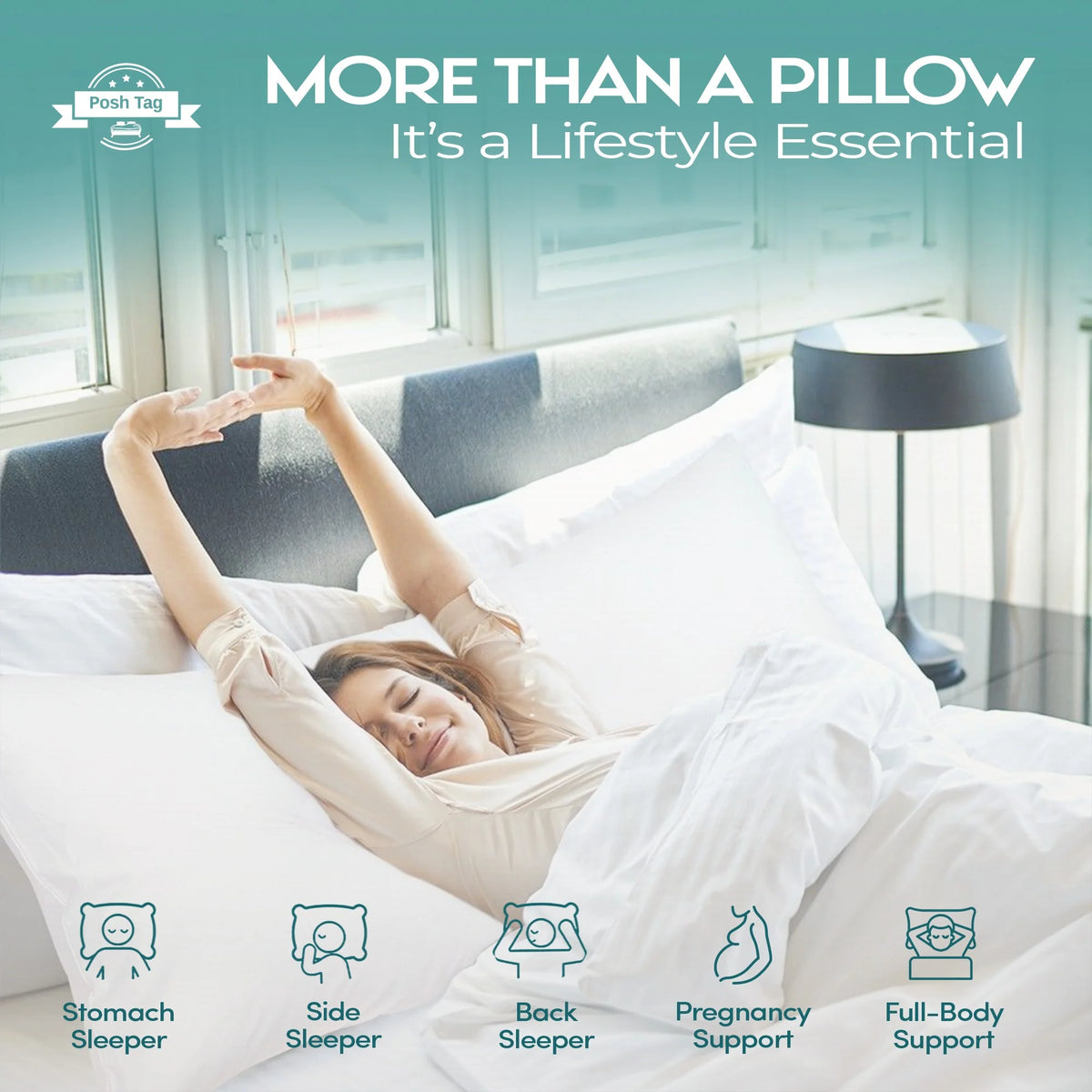 Woman in bed with a hug pillow, suited to side, back and stomach sleepers and pregnancy support