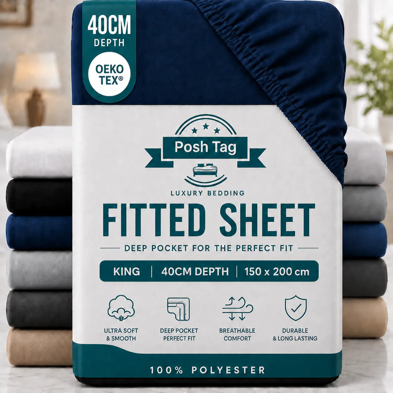 King Size Fitted Sheet in Navy Blue, 150 x 200cm, extra deep 40cm — Posh Tag
