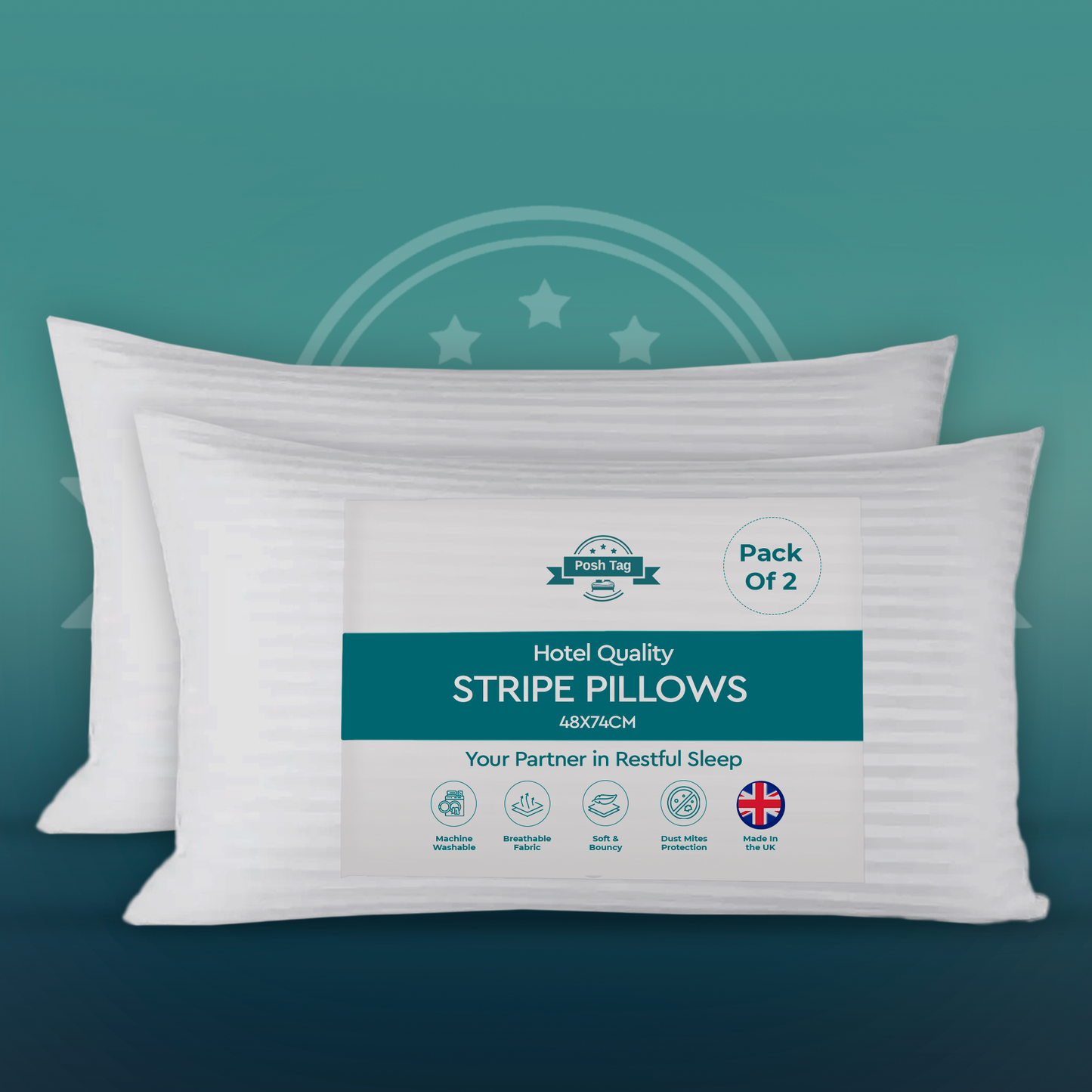 Pack of 2 Stripe Hotel Quality Bed Pillows – Original Down Alternative Pillows for Sleeping, Soft Support for Back, Stomach & Side Sleepers