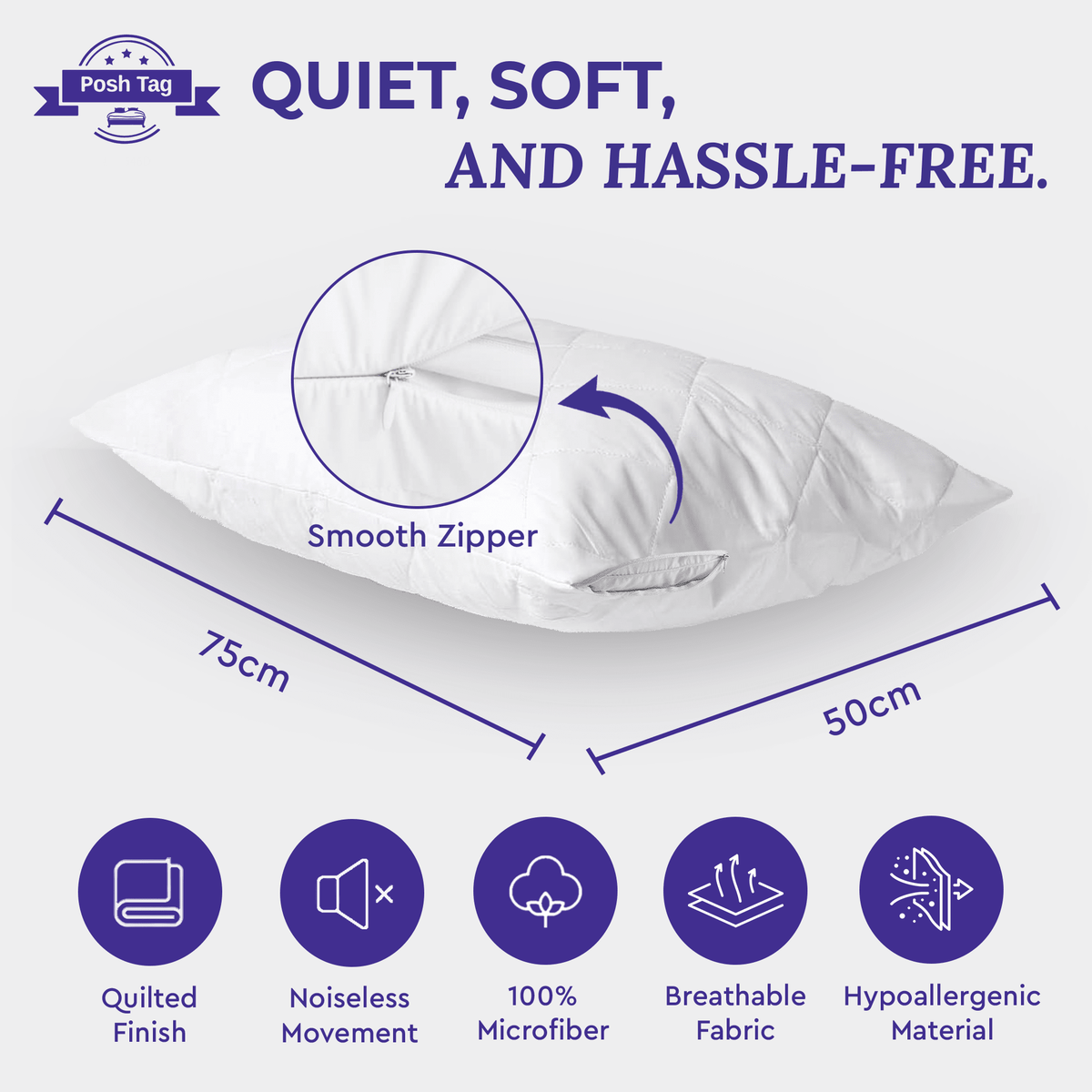Posh Tag Pillow Cases, Quilted 50 x75 cm Zippered Pillow Protectors, Soft & Breathable Microfiber Quilted Pillow cases, Hypoallergenic - Posh Tag