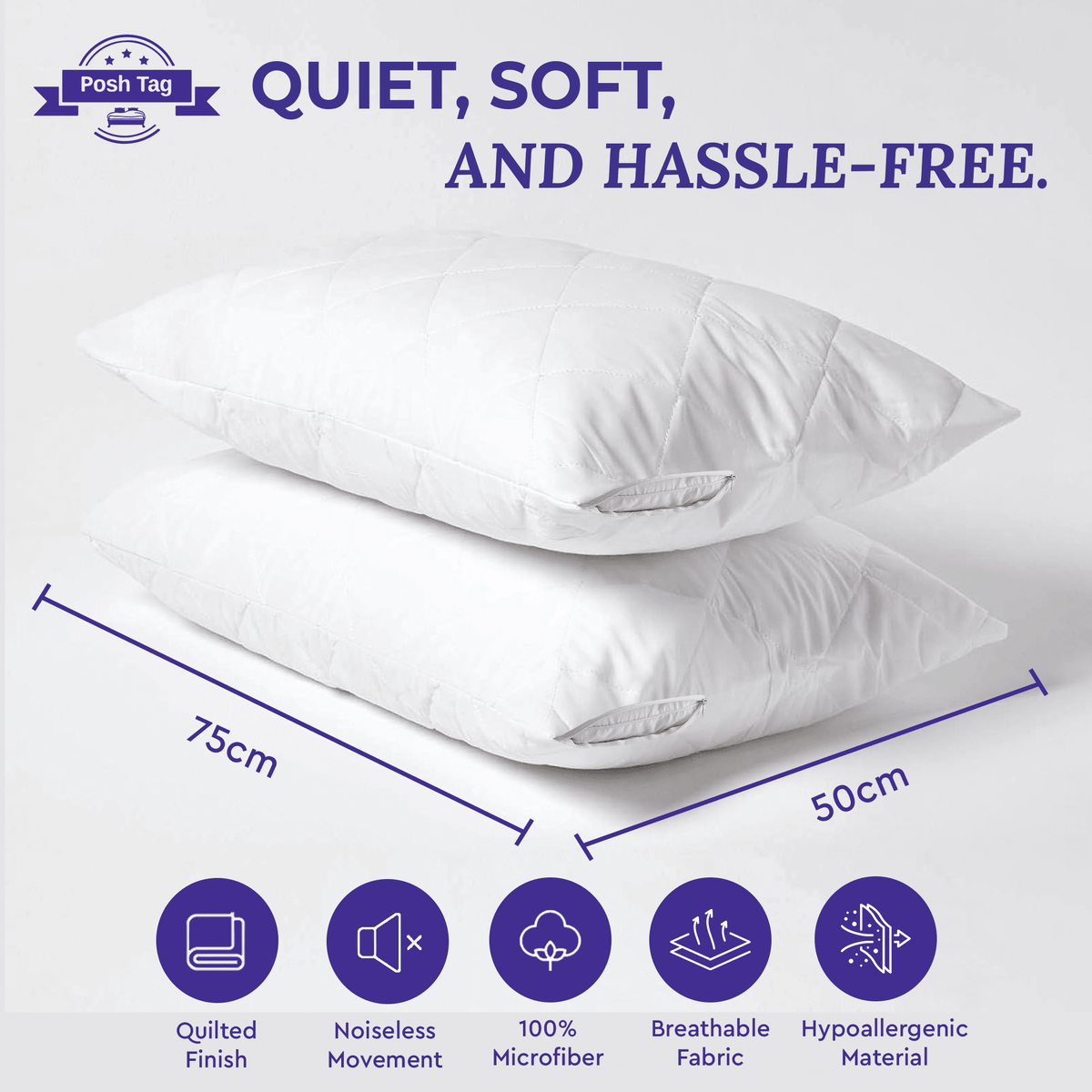 Posh Tag Pillow Cases, Quilted 50 x75 cm Zippered Pillow Protectors, Soft & Breathable Microfiber Quilted Pillow cases, Hypoallergenic - Posh Tag