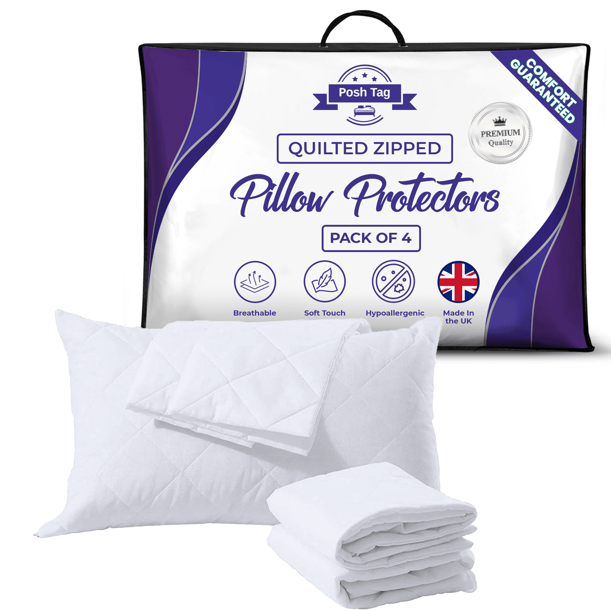 Posh Tag Pillow Cases, Quilted 50 x75 cm Zippered Pillow Protectors, Soft & Breathable Microfiber Quilted Pillow cases, Hypoallergenic - Posh Tag