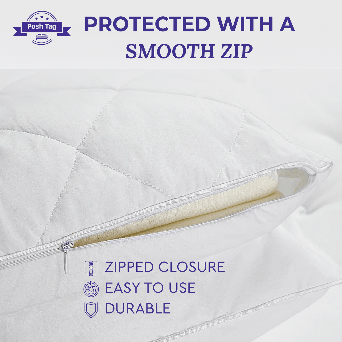 Posh Tag Pillow Cases, Quilted 50 x75 cm Zippered Pillow Protectors, Soft & Breathable Microfiber Quilted Pillow cases, Hypoallergenic - Posh Tag