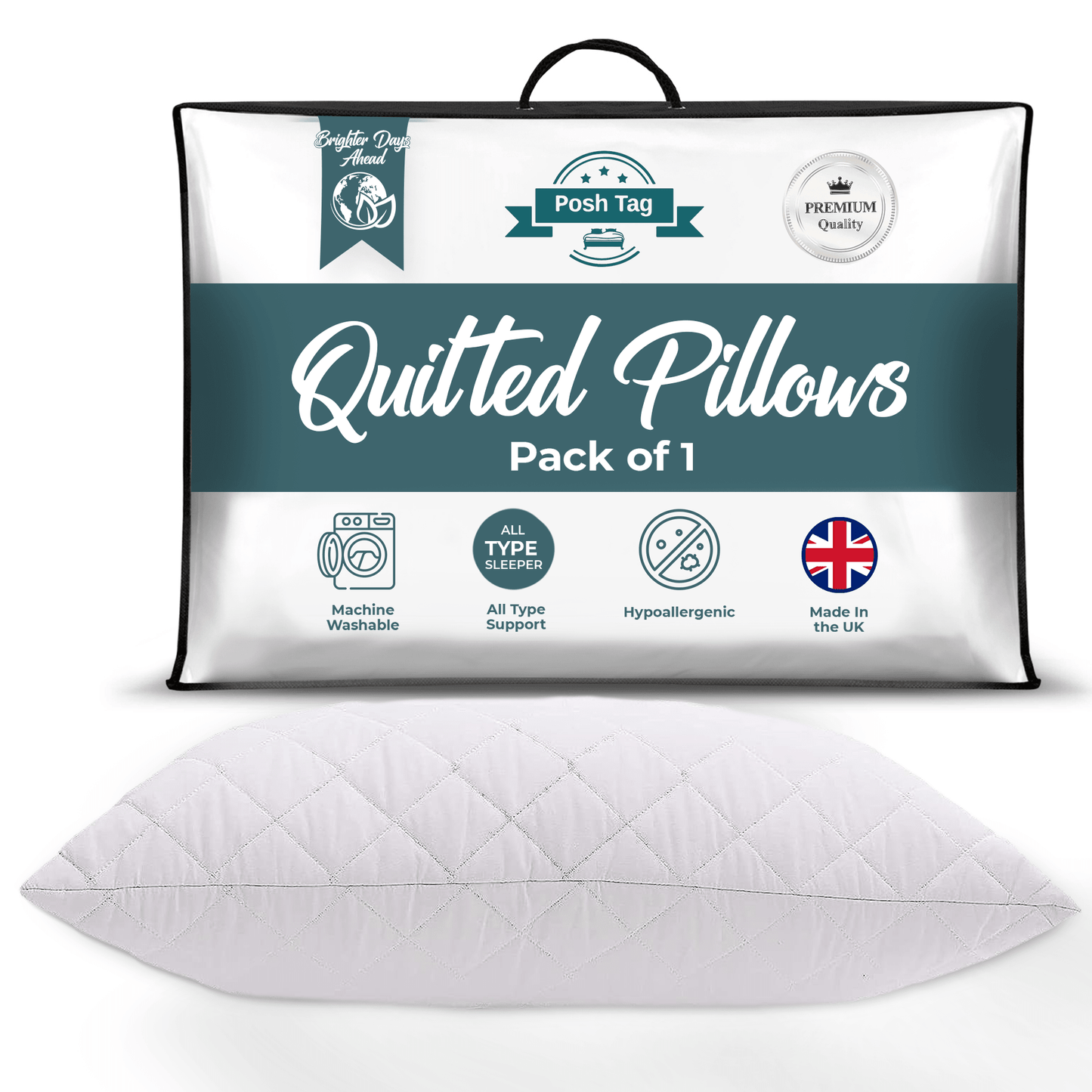 Posh Tag Quilted Pillows 48cm x 74cm Hotel Pillows Non Allergenic Soft Pillows For Sleeping, Hypoallergenic, Back and Down Support Alternative, Bed Pillows Hollow Fiber Filled Pillows - Posh Tag