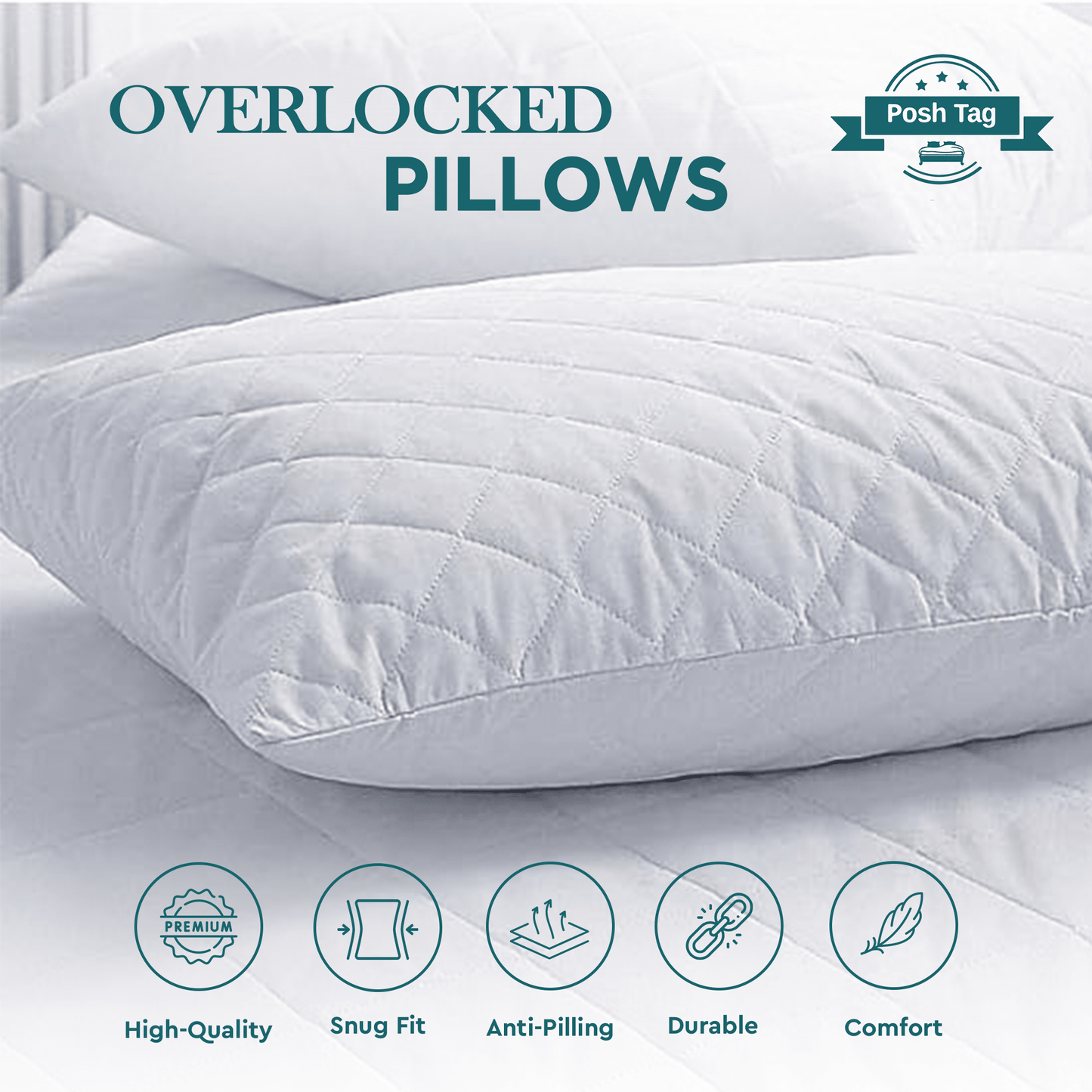 Posh Tag Quilted Pillows 48cm x 74cm Hotel Pillows Non Allergenic Soft Pillows For Sleeping, Hypoallergenic, Back and Down Support Alternative, Bed Pillows Hollow Fiber Filled Pillows - Posh Tag