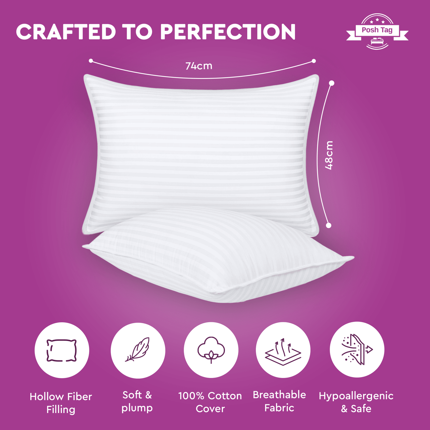 Posh Tag Stripe Pillows 74cm x 48cm, Hotel Quality, Comfortable & Breathable Bed Pillows, Hollow Fiber Filled Anti-Allergic Back Support Hypoallergenic Pillow - Posh Tag
