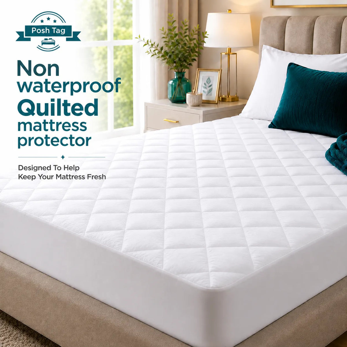 Diamond quilted small double mattress protector in white, 120 x 190cm, 200 thread count microfibre with 30cm skirt