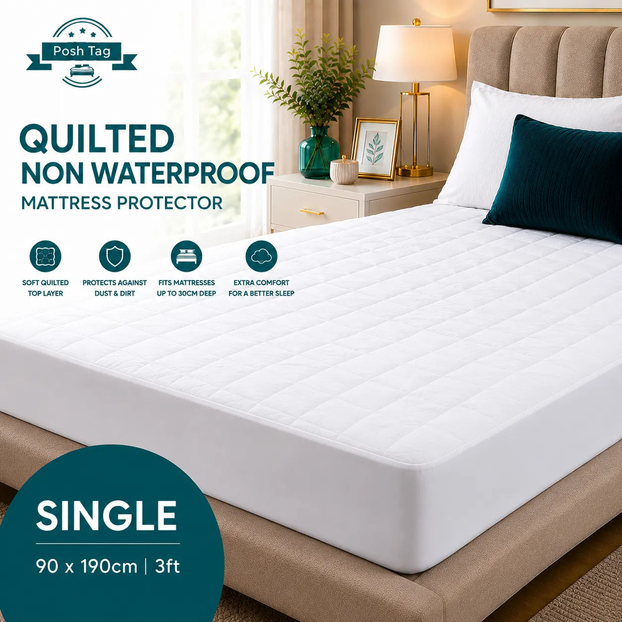 Diamond quilted single mattress protector in white, 90 x 190cm, 200 thread count microfibre with 30cm skirt