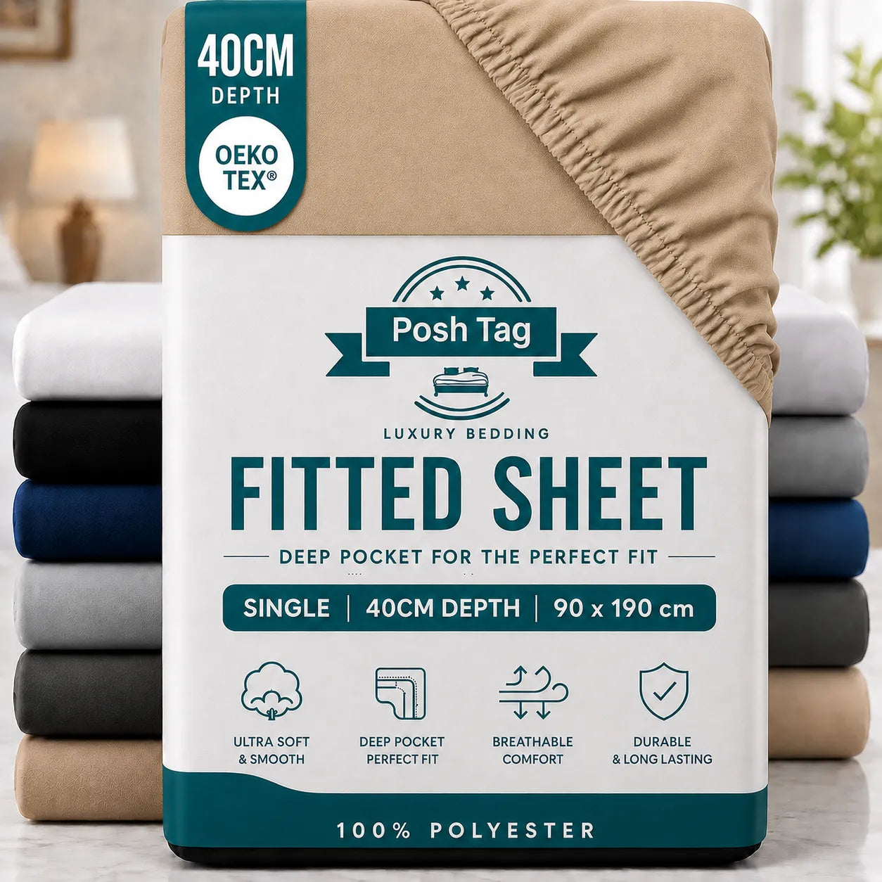 Single Fitted Sheet in Beige, 90 x 190cm, extra deep 40cm — Posh Tag