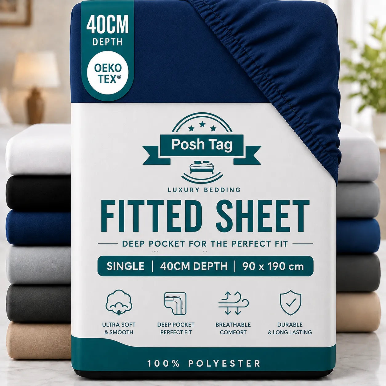 Single Fitted Sheet in Navy Blue, 90 x 190cm, extra deep 40cm — Posh Tag