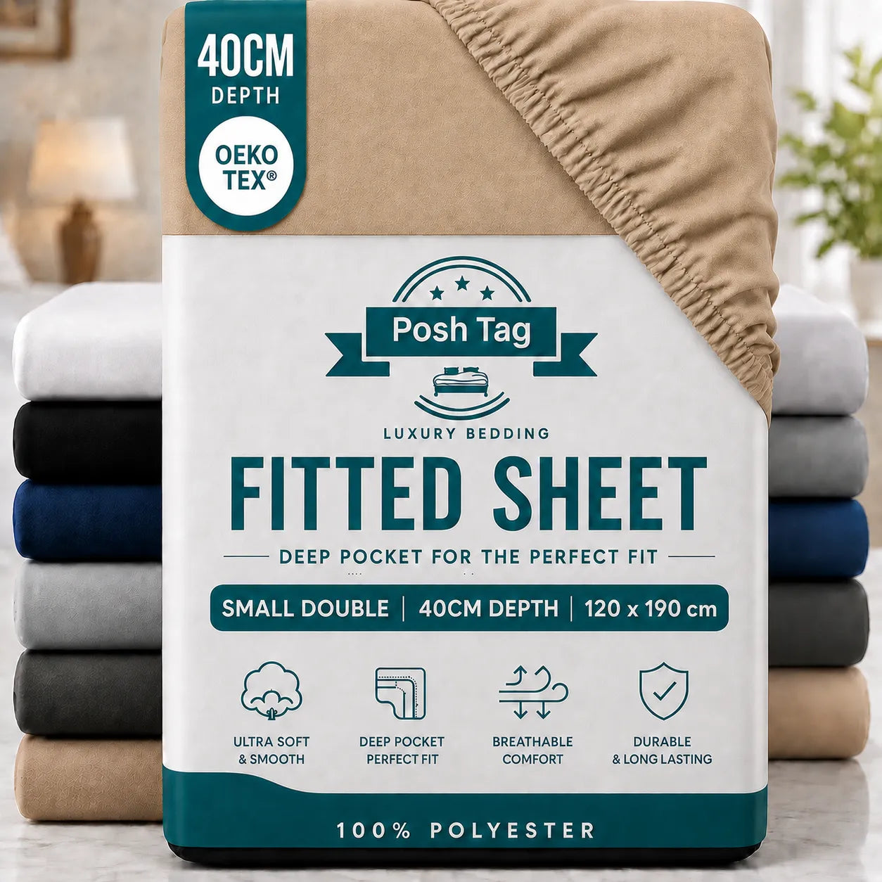 Small Double Fitted Sheet in Beige, 120 x 190cm, extra deep 40cm — Posh Tag