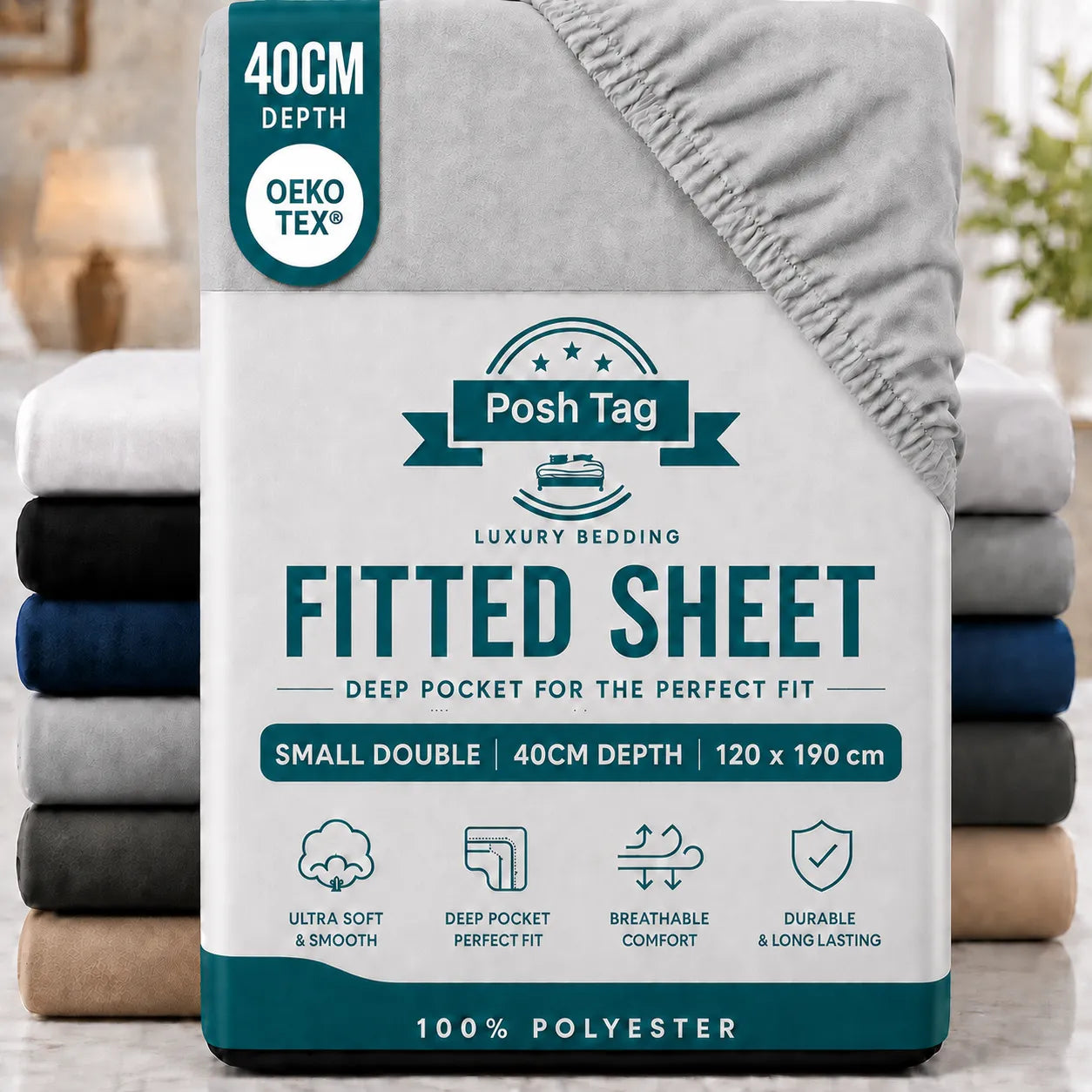 Small Double Fitted Sheet in Light Grey, 120 x 190cm, extra deep 40cm — Posh Tag