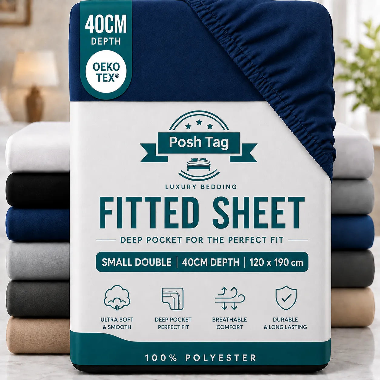 Small Double Fitted Sheet in Navy Blue, 120 x 190cm, extra deep 40cm — Posh Tag