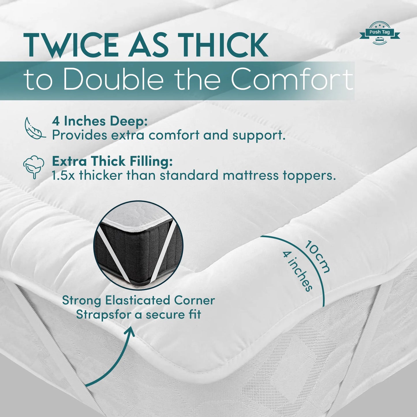 Thick Mattress Topper | Single, Double, King & Super King Sizes | Posh Tag