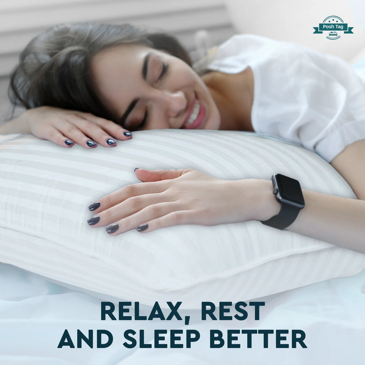 Woman sleeping comfortably on a Posh Tag stripe pillow - relax, rest and sleep better
