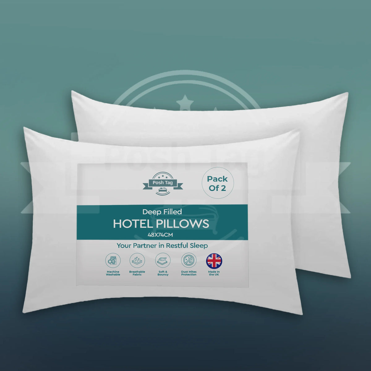 Posh Tag deep filled hotel pillows pack of 2, 74 x 48cm