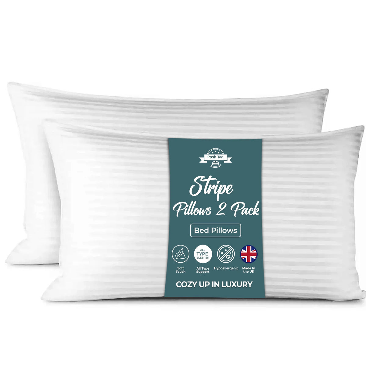 Posh Tag stripe bed pillows 2 pack in branded packaging