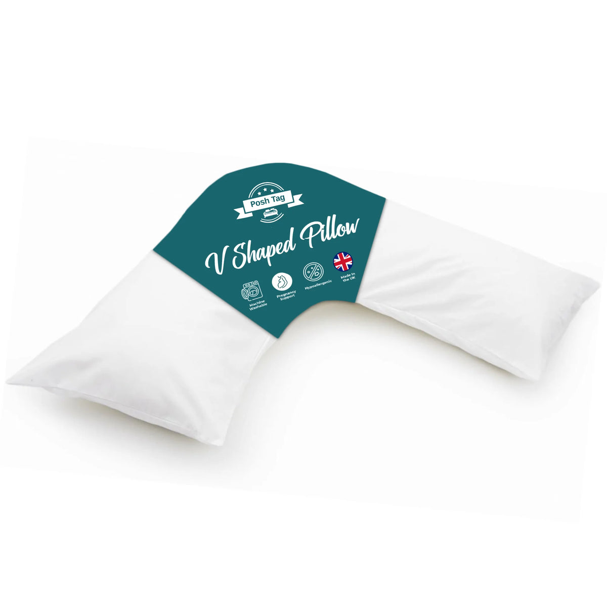 Posh Tag V shaped pillow, machine washable, hypoallergenic, made in the UK