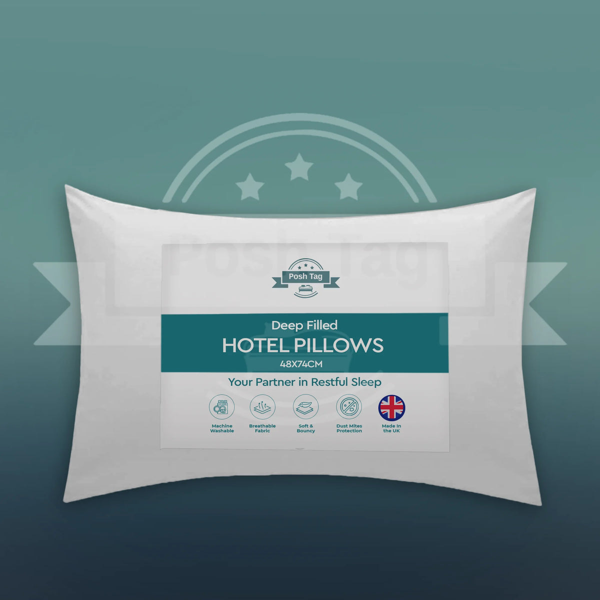 Deep filled hotel pillow 74 x 48cm - machine washable, breathable, dust mite protection, made in the UK