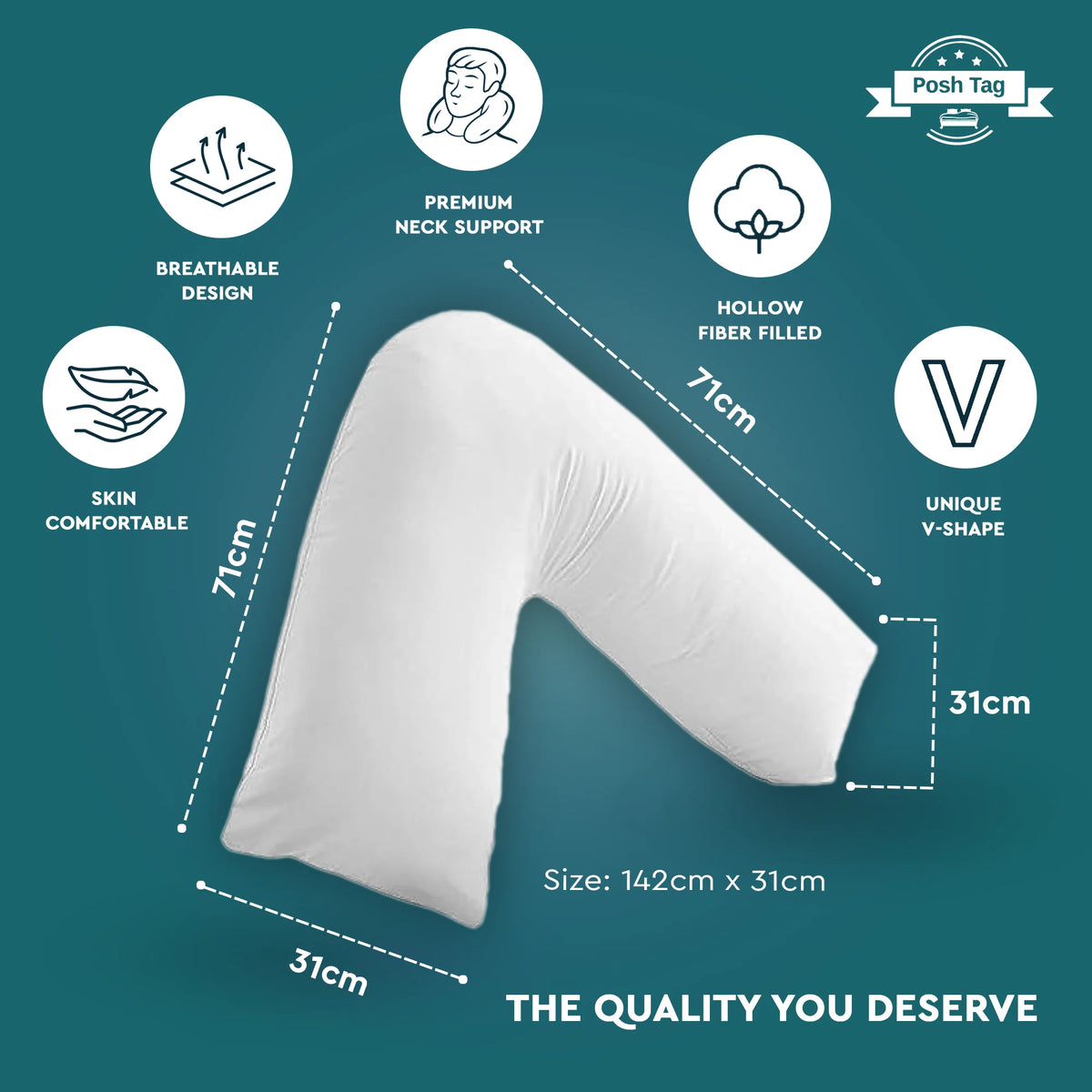 V shaped pillow dimensions, 140 x 30cm along the arms, hollow fibre filled neck support