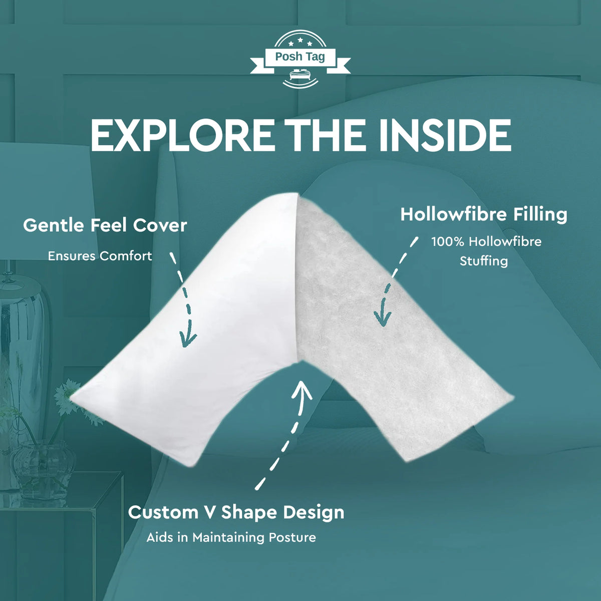Inside a V shaped pillow showing 100% hollowfibre filling and gentle feel cover