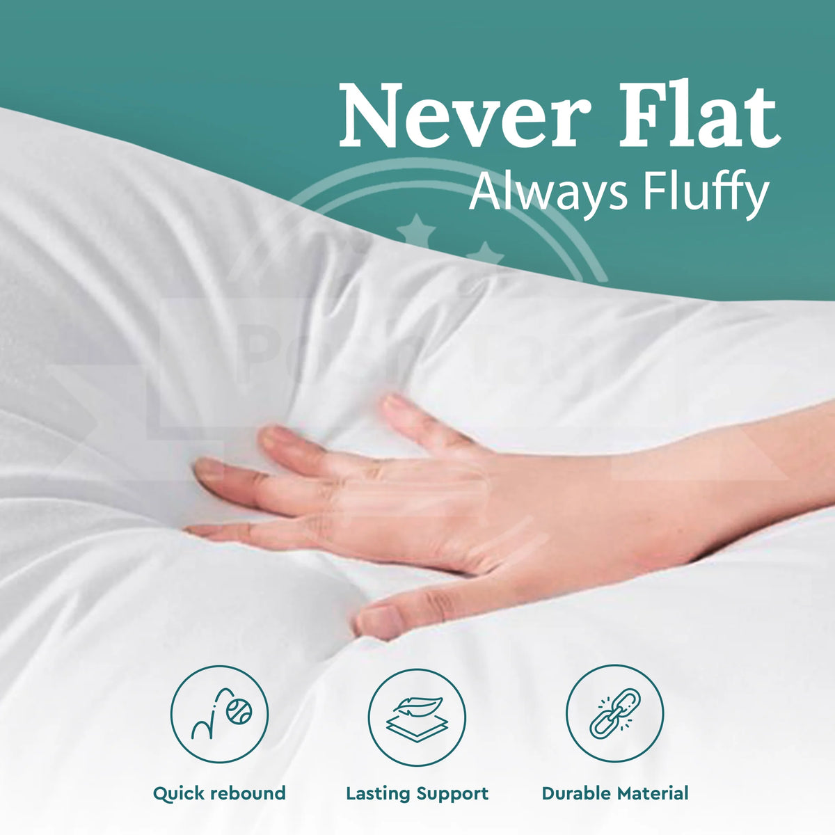Hand pressing a hotel pillow showing quick rebound - never flat, always fluffy