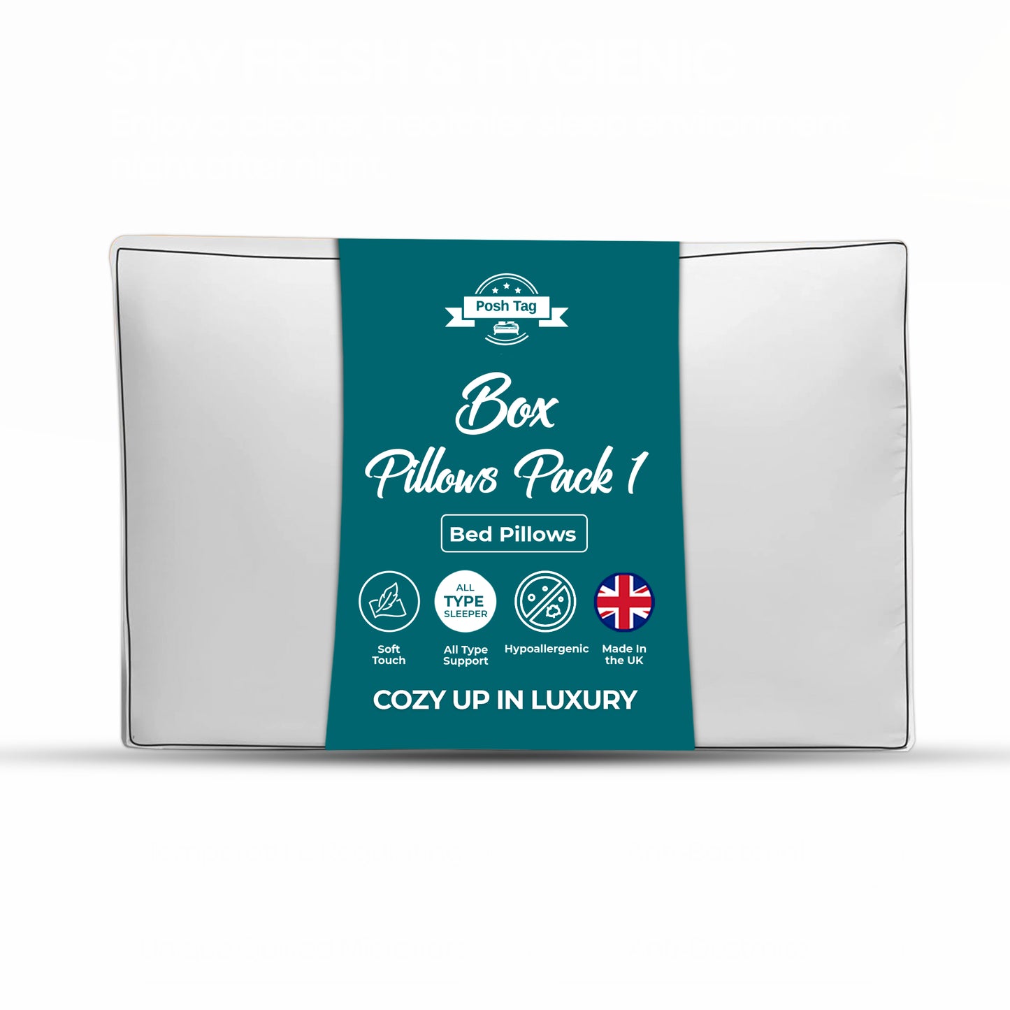Posh Tag Box Pillows 74 x 48cm — 8cm Box Edge, Hotel Quality, Hypoallergenic Hollowfibre, Made in UK