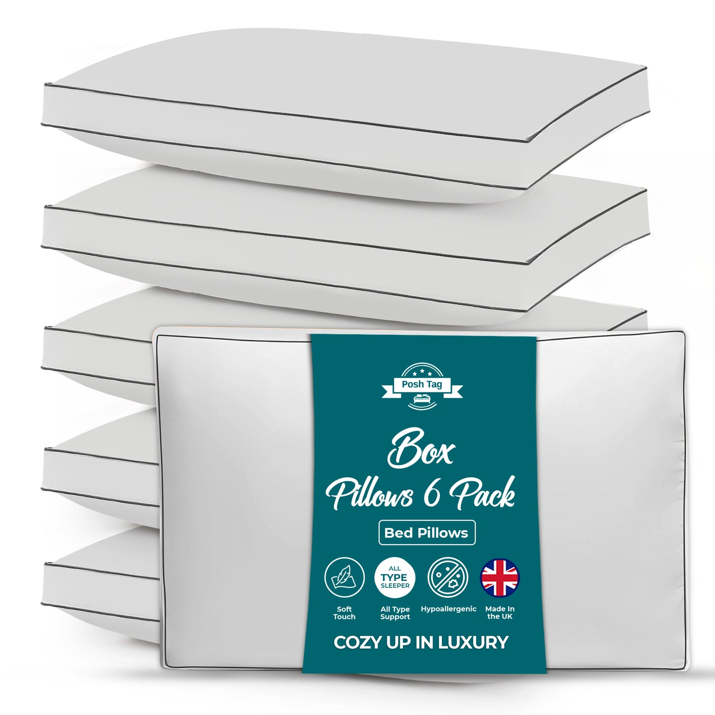 Posh Tag Box Pillows 74 x 48cm — 8cm Box Edge, Hotel Quality, Hypoallergenic Hollowfibre, Made in UK